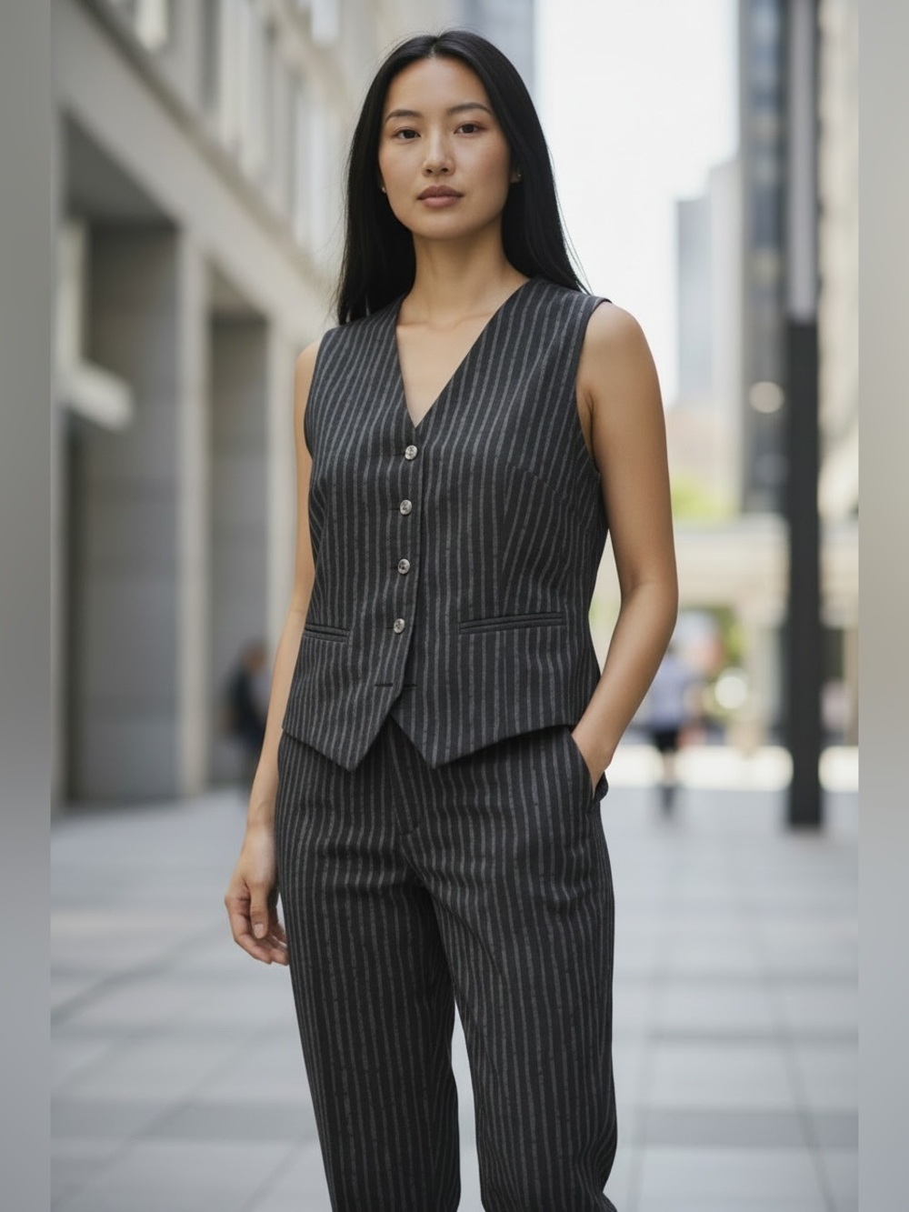 Women's 2 Piece Set - Black w/ Grey Vertical Stripe